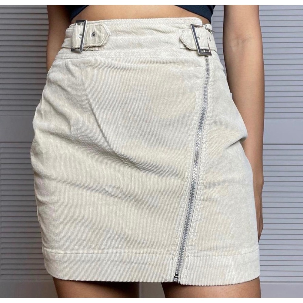 Urban Outfitters Corduroy Mini Skirt Beige Asymmetric Zip Buckle Waist Neutral M
